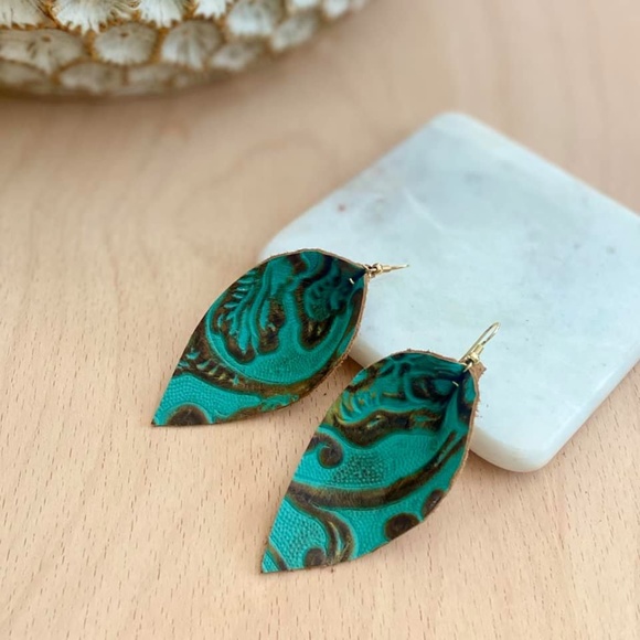Chica Bonita Jewelry - Leather Embossed Turquoise & Gold Earrings